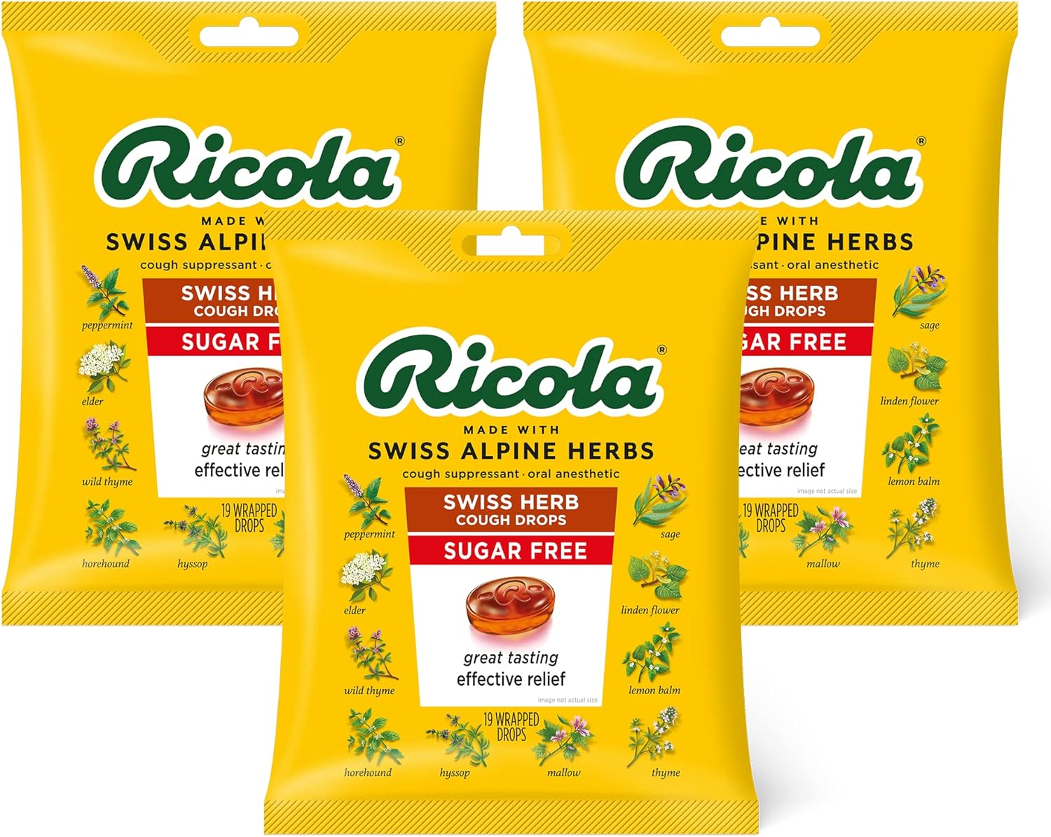 Ricola Sugar Free Swiss Herb Herbal Cough Suppressant Throat Drops | Naturally Soothing Long-Lasting Relief - 19 Count (Pack of 3) Bags