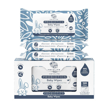 Large Probiotics Baby Wipes For Delicate & Sensitive Skin, Plant-Based, Biodegradable, Hypoallergenic & Fragrance-Free, Formulated With Plant-Derived, Probiotic Ingredients (3 Packs Of 40 =