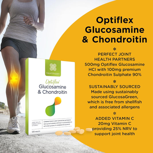 Healthspan Glucosamine and Chondroitin (120 Tablets) | Joint Health | 500mg Optiflex Glucosamine & 100mg Chondroitin Sulphate | 20mg Vitamin C | 40% More Glucosamine Per Gram | Sustainably Sourced