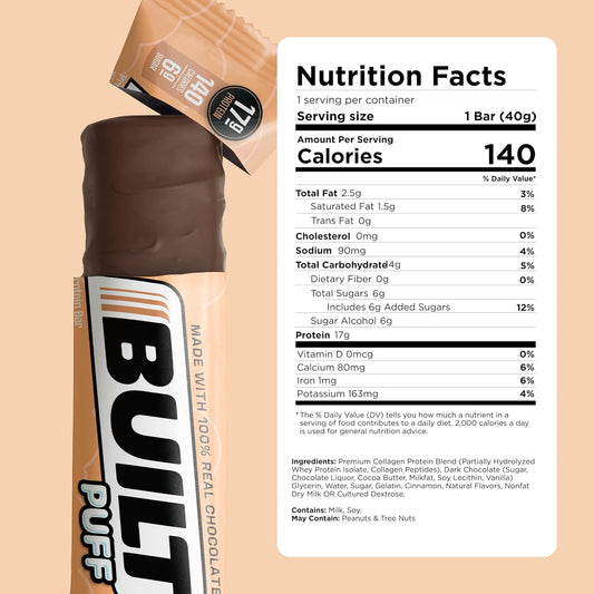 BUILT Protein Bars, Cinnamon Churro Puff, 12 count, Protein Snacks with 17g of Protein, Collagen, Gluten Free Chocolate Protein Bar with only 140 calories & 6g sugar, Perfect On The Go Protein Snack