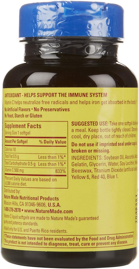 Nature Made Vitamin C 500 Mg, Dietary Supplement For Immune Support, 60 Softgels, 60 Day Supply