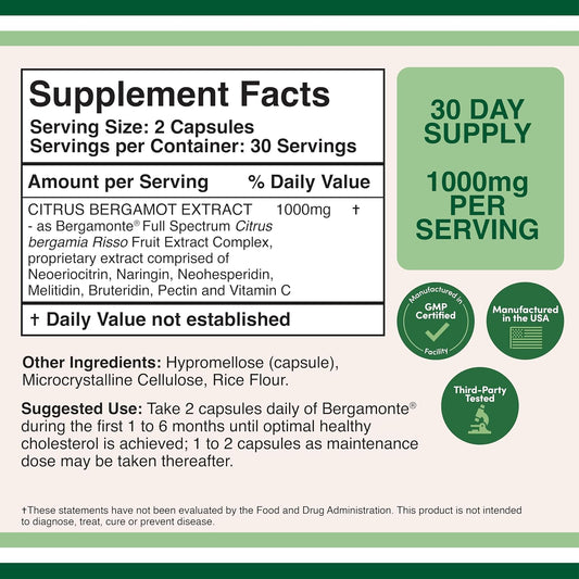 Citrus Bergamot Supplement - Only Patented, Clinically Proven Bergamot Extract - 1,000Mg Servings (Sourced From Italy) (60 Capsules) By Double Wood
