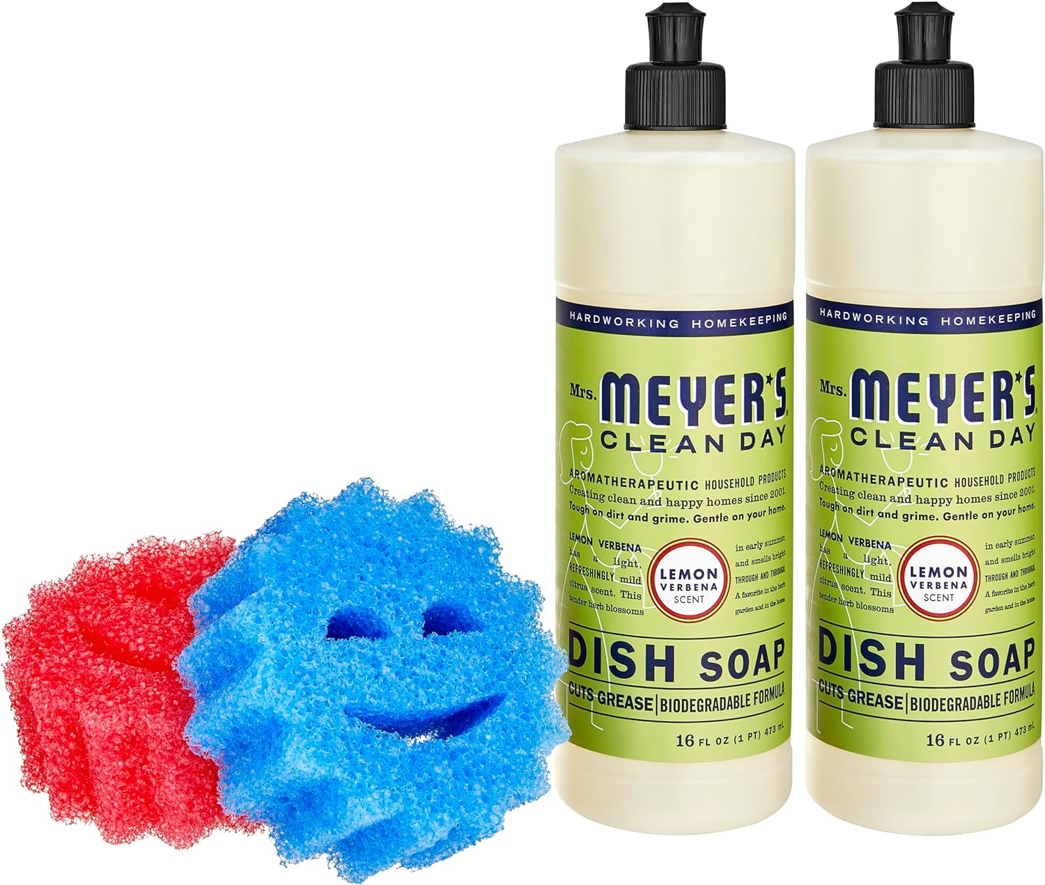 Mrs. Meyers Liquid Dish Soap and Smiley Sponge Bundle, 2 Bottles Lemon Verbena Scent Dishwashing Liquid 16 fl.oz. plus 2 pcs Sponge, Cleaning Supplies for Dishes, Pots and Pans