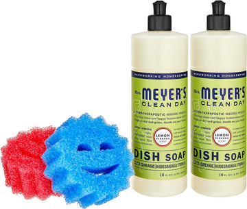 Mrs. Meyers Liquid Dish Soap and Smiley Sponge Bundle, 2 Bottles Lemon Verbena Scent Dishwashing Liquid 16 fl.oz. plus 2 pcs Sponge, Cleaning Supplies for Dishes, Pots and Pans