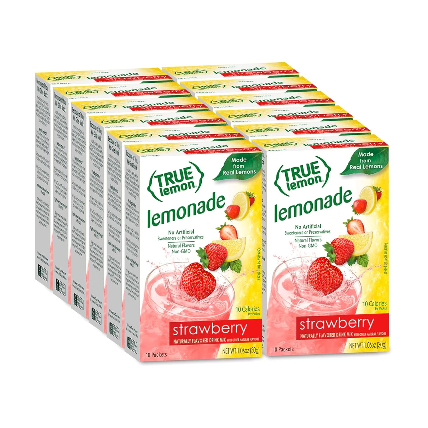 True Lemon Strawberry Lemonade Drink Mix, Made From Real Lemons, Low Calorie, Low Sugar, Lemonade Drink Mix, 10 Count, 1.06 Oz (Pack Of 12)