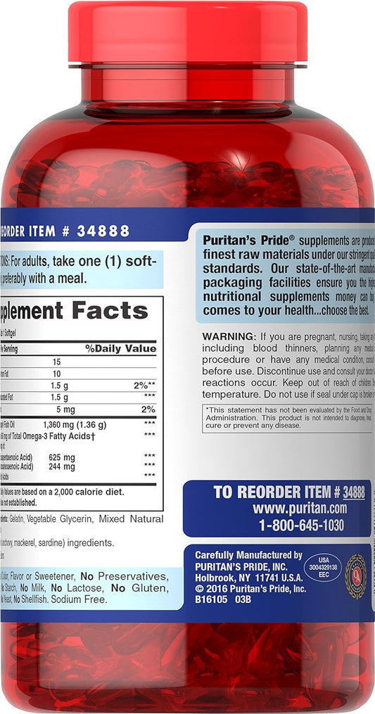 Puritan'S Pride Triple Strength Omega-3 Fish Oil 1360 Mg (950 Mg Active Omega-3), 240 Count, Package May Vary