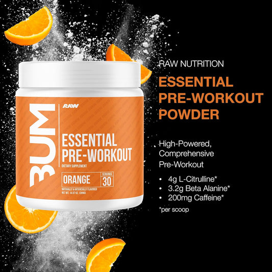 Raw Essential Pre-Workout Powder (Orange) - Chris Bumstead Sports Nutrition Supplement For Men & Women - Preworkout Energy Powder With Caffeine, L-Citrulline, L-Tyrosine, & Beta Alanine Blend