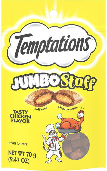 TEMPTATIONS Jumbo Stuff Crunchy and Soft Cat Treats Tasty Chicken Flavor, 2.5 oz. Pouch, Pack of 12