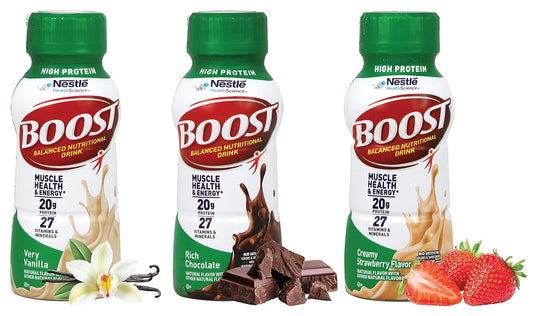 Boost High Protein Shake Variety | High Protein | Boost Rich Chocolate, Boost Creamy Strawberry, and Boost Very Vanilla Flavors | 12 Pack | Niro Assortment | Included one Niro beverage sleeve