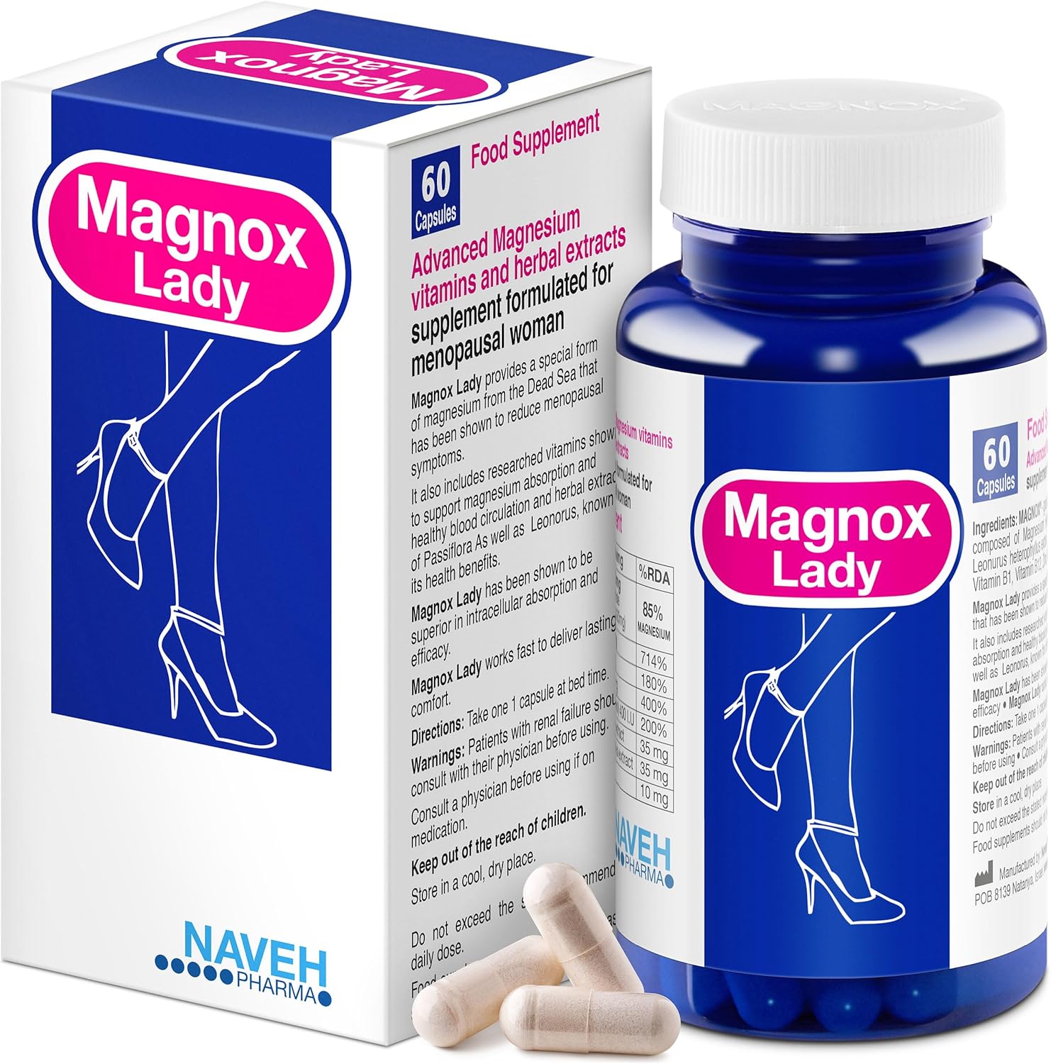 Magnox® Lady Magnesium Supplement | Menopause And Pms Support Supplement For Women | Magnesium Complex With Vitamins B6, B1, B12, D, Zinc | High-Absorption Dead Sea Organic | 60 Vegetarian Capsules