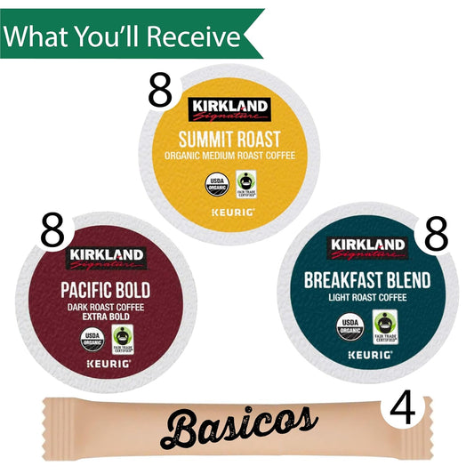 Kirkland Signature Coffee K Cups, Organic Variety Pack with Breakfast Blend, Pacific Bold and Summit Roast Coffee Pods. Total 24 Pods for Keurig Brewers. Plus 4 Basicos Sugar Packets. Gift for Coffee Lovers, Women, Men, Friends, Family