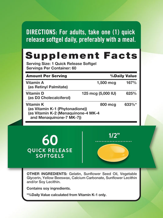 Nature'S Truth Vitamin Adk Supplement | 60 Softgels | High Potency Of Vitamin A, D3, K1 & K2 | Non-Gmo & Gluten Free Supplement