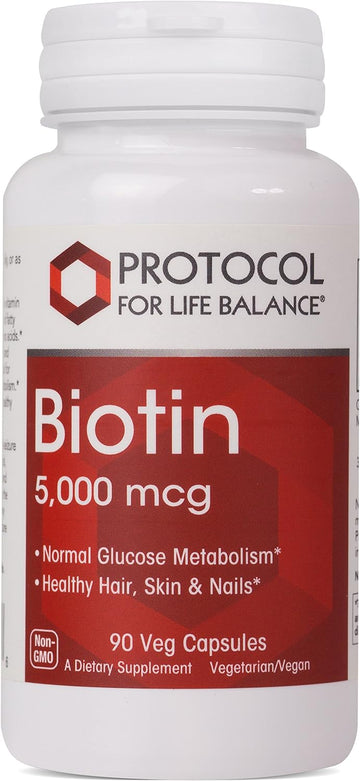 Protocol Biotin 5,000mcg - Vitamin B7 Supplement - Hair, Skin, Nails Support* - for Carb Metabolism & Cell Growth* - Biotin Vitamin B Capsules - 90 Veg Caps