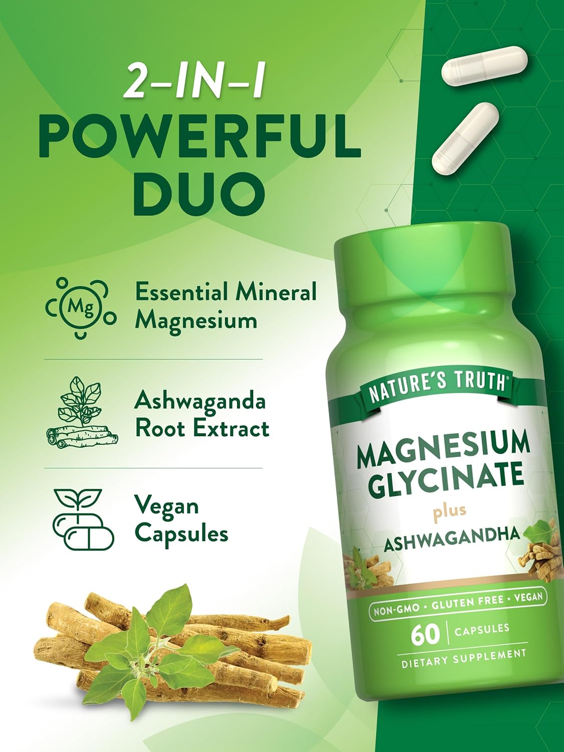 Nature's Truth Magnesium Glycinate with Ashwagandha | 60 Capsules | Vegan, Non-GMO & Gluten Free Supplement : Health & Household