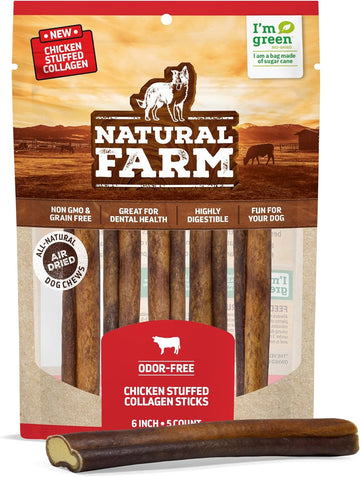 Natural Farm Chicken Stuffed Collagen Sticks With Real Chicken For Dogs (6 Inch, 5-Pack), Rawhide-Free Collagen Sticks, Odor-Free Natural Dog Chews, Long Lasting, For Small, Medium And Large Dogs