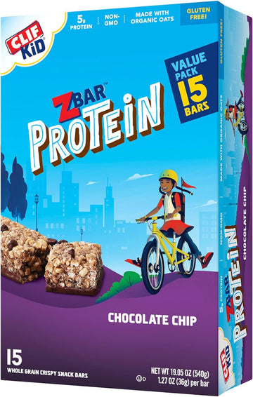 Clif Kid Zbar Protein - Chocolate Chip - Crispy Whole Grain Snack Bars - Made With Organic Oats - Non-Gmo - 5G Protein, 1.27 Oz - 15 Count (Pack Of 1)