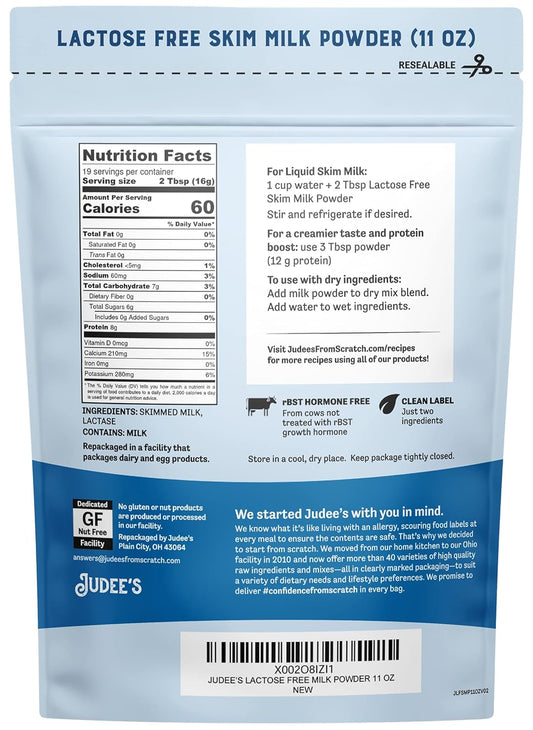 Judee’s Lactose Free Skim Milk Powder 11 oz - 100% Non-GMO and rBST Hormone-Free - Low Carb - Gluten-Free and Nut-Free - Made from Real Dairy - Great for Reconstituting and Baking