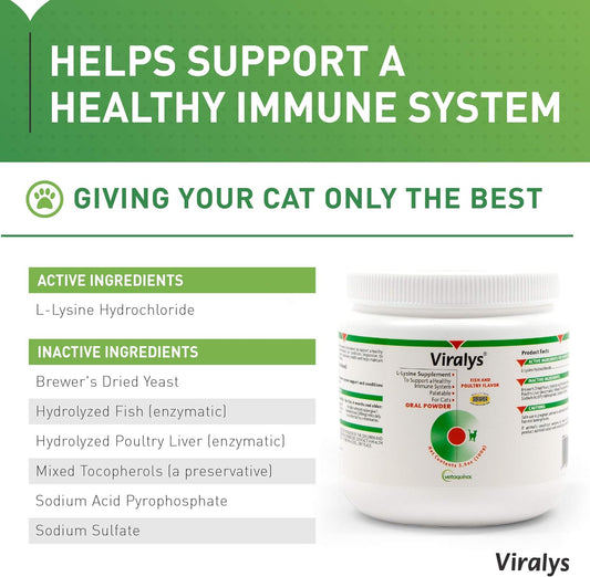 Vetoquinol Viralys L-Lysine Supplement for Cats - Cats & Kittens of All Ages - Immune Health - Sneezing, Runny Nose, Squinting, Watery Eyes - Flavored Lysine Powder