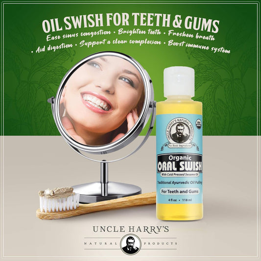 Uncle Harry's Certified Organic Oral Swish for Ayurvedic Oil Pulling | Sesame Oil, Oregano, & Clove | Whitening Mouthwash Treatment for Healthy Teeth & Gums (4 oz)