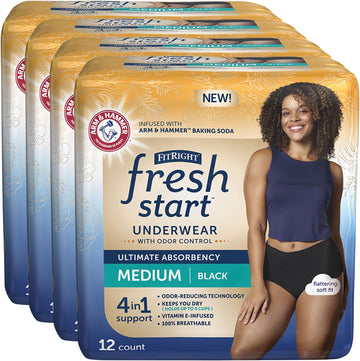 Fitright Fresh Start Incontinence And Postpartum Underwear For Women, Medium, Black (48 Count) Ultimate Absorbency, Disposable Underwear With The Odor-Control Power Of Arm & Hammer