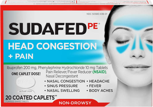 Sudafed PE Head Congestion + Pain Relief Caplets Ibuprofen Phenylephrine HCl, 20 Count
