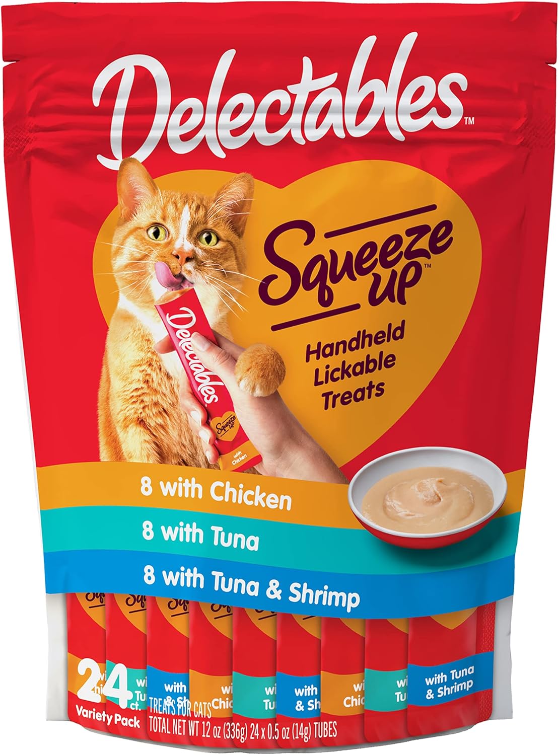 Hartz Delectables Squeeze Up Interactive Lickable Wet Cat Treats For Adult & Senior Cats, Tuna & Shrimp, 24 Count, 12 Ounces