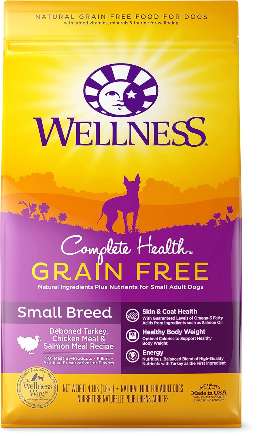 Wellness Complete Health Grain-Free Small Breed Dry Dog Food, Natural Ingredients, Made In Usa With Real Turkey, For All Lifestages (Turkey, Chicken & Salmon, 4-Pound Bag)