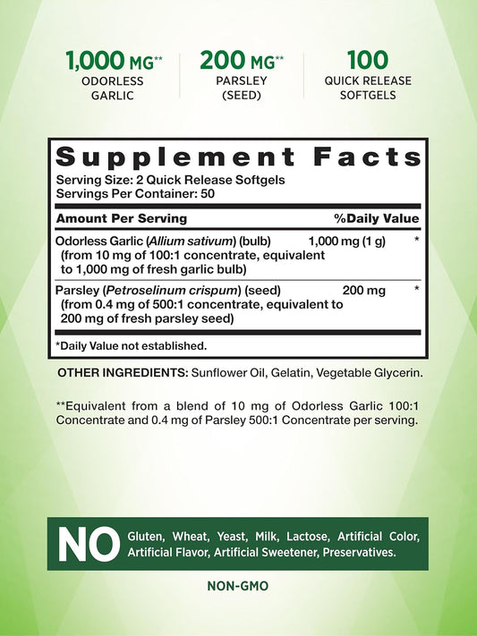 Nature'S Truth Odorless Garlic And Parsley | 1200Mg | 100 Softgel Capsules | Non-Gmo & Gluten Free Extract Supplement