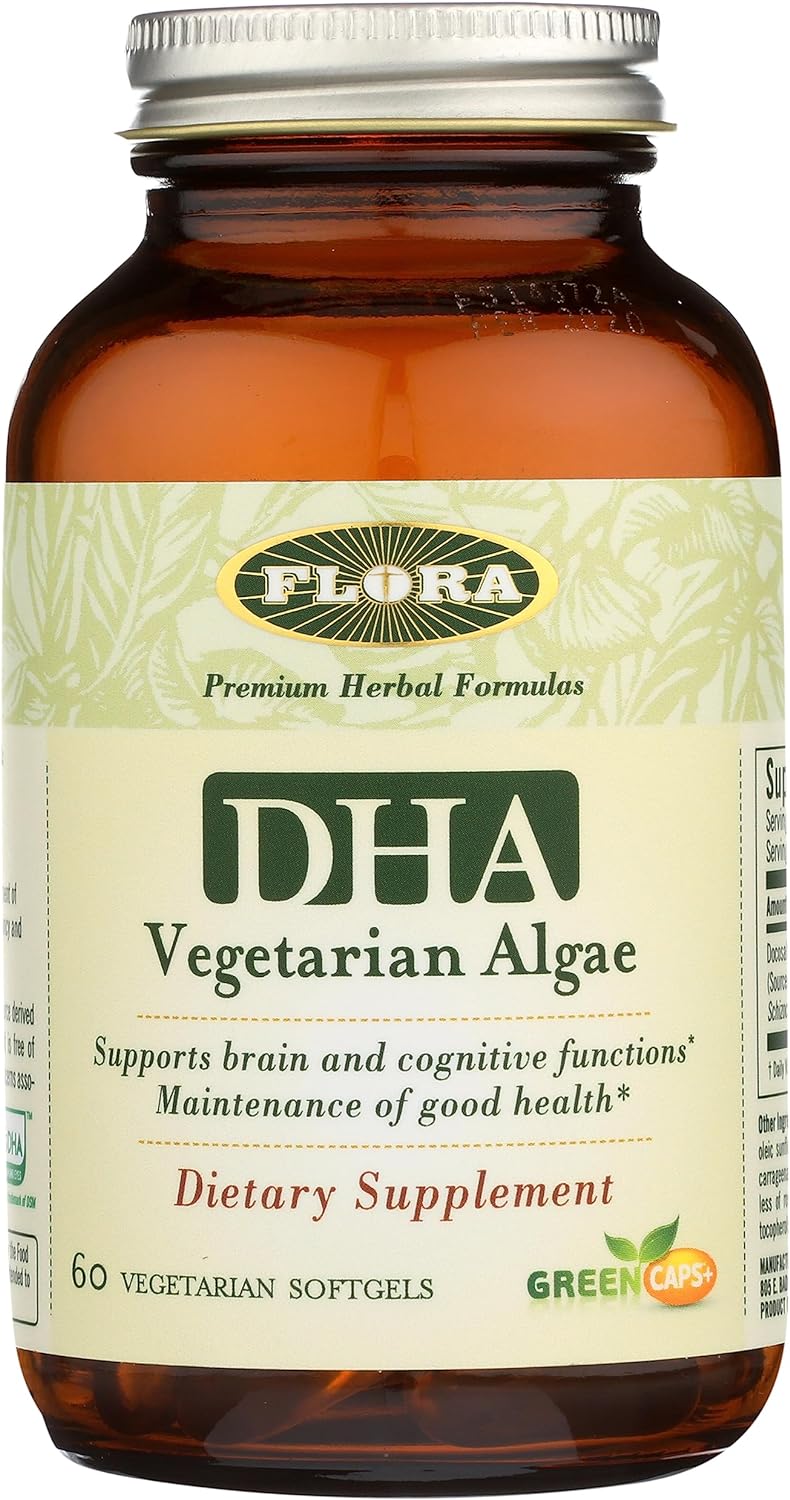 Flora - Premium DHA Vegetarian Algae GreenCaps, Supports Brain and Cognitive Function, Gluten Free, Unrefined Medium-Chain Triglycerides No GMOs, 60 Vegetarian Softgels