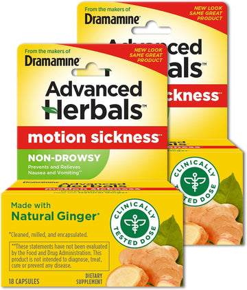 From The Makers Of Dramamine, Advanced Herbals, Non-Drowsy, Motion Sickness Relief, Made With Natural Ginger, 18 Count, 2 Pack