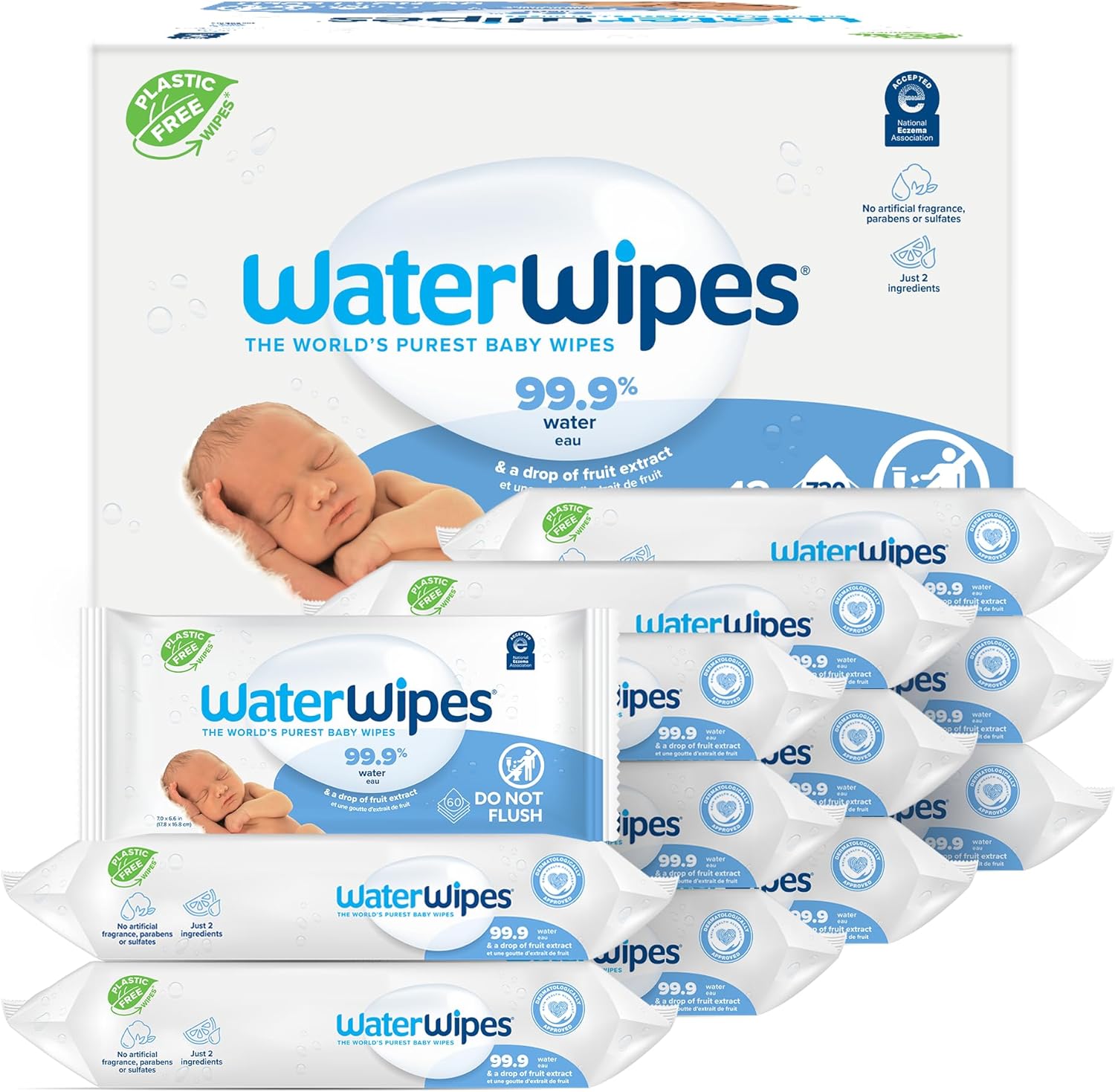 Waterwipes Plastic-Free Original Baby Wipes, 99.9% Water Based Wipes, Unscented & Hypoallergenic For Sensitive Skin, 60 Count (Pack Of 12), Packaging May Vary