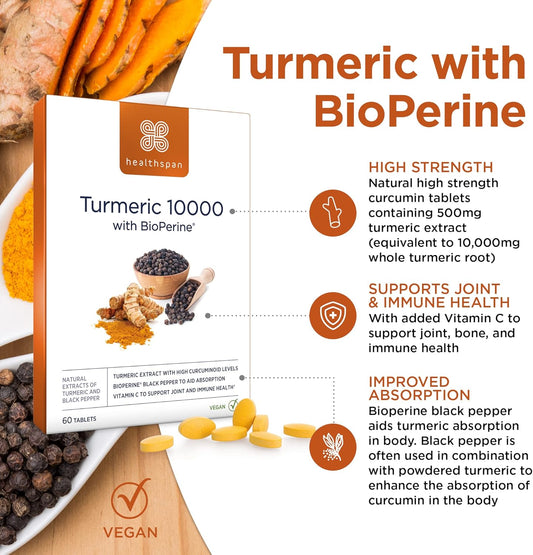 Healthspan Turmeric 10,000Mg With Bioperine Black Pepper Extract (2 Months’ Supply) | High Potency Turmeric Extract | Supports Immune, Bone & Cartilage Health | Bioperine Aids Absorption | Vegan