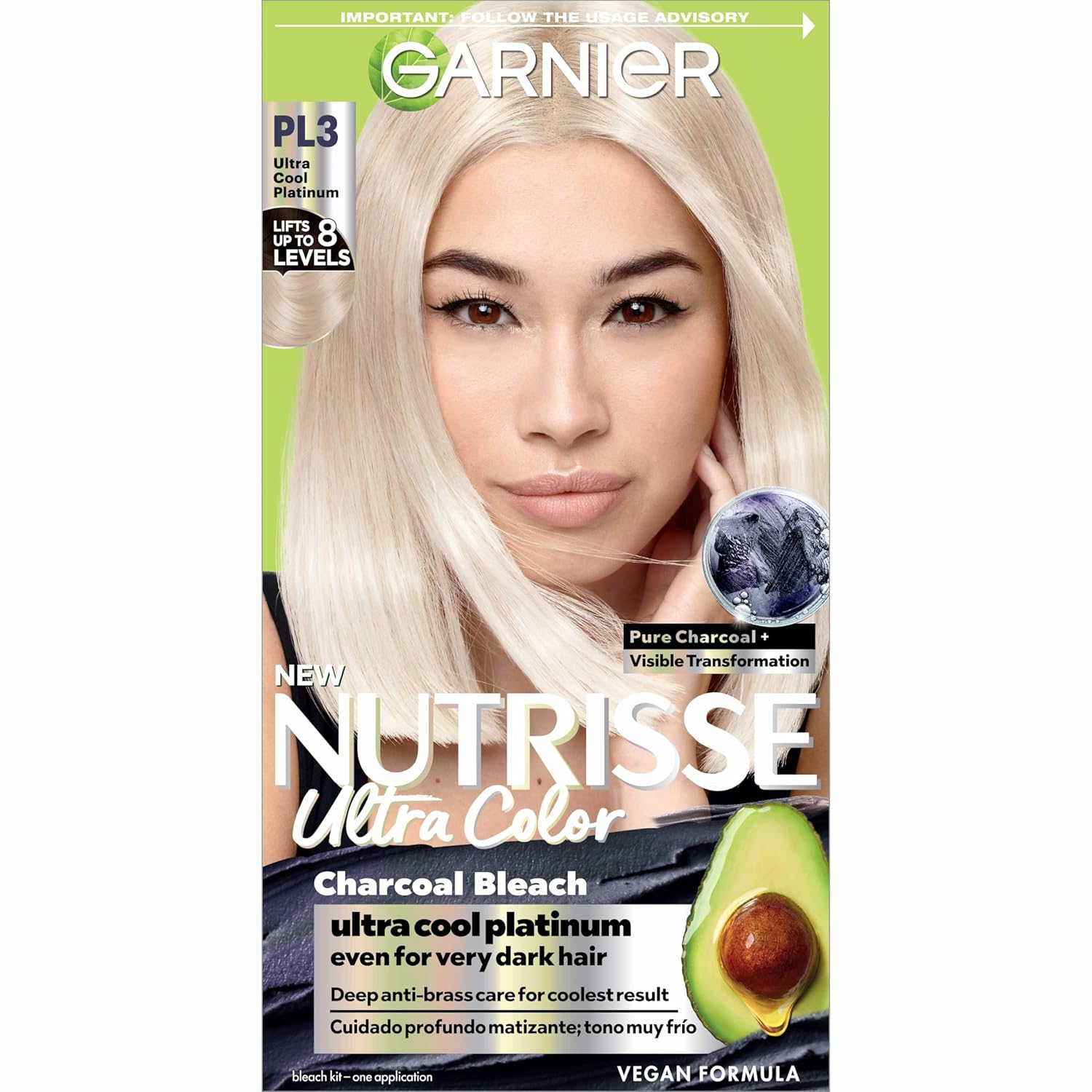 Garnier Hair Color Nutrisse Ultra Color Nourishing Crème, Pl3 Charcoal Bleach (Cool Platinum), Permanent Hair Dye, 1 Count (Packaging May Vary)