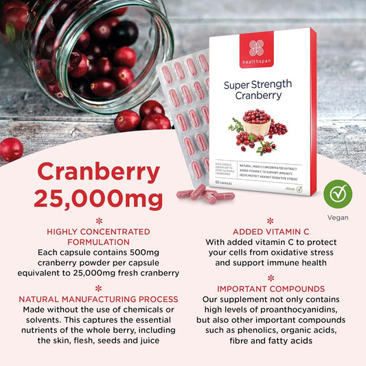 Healthspan Super Strength Cranberry (60 Capsules) | For Immune Health And Wellbeing | Equivalent To 25000 Mg Whole Fresh Cranberries | Highly Concentrated Formulation | Added Vitamin C | Vegan