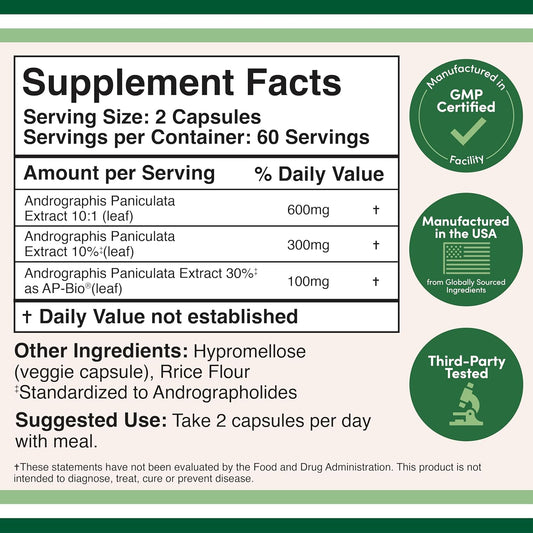 Andrographis Capsules Max Andrographides - 1,000Mg Serving Size (120 Capsules) With Ap-Bio (Patented Andrographis Paniculata Extract) - Clinically Studied For Immune System Health By Double Wood