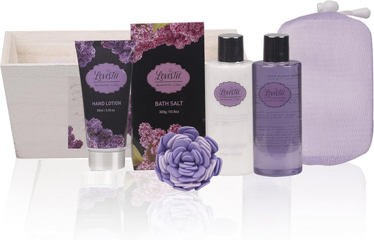 Spa Gift Basket Spa Basket With Lavender Fragrance Lilac Color By Lovestee - Bath And Body Gift Set Includes Shower Gel Body Lotion Hand Lotion Bath Salt Flower Bath-Body Sponge And Eva Sponge