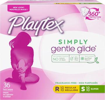 Playtex Simply Gentle Glide Tampons, Multipack (18Ct Regular/18Ct Super Absorbency), Fragrance-Free - 36Ct