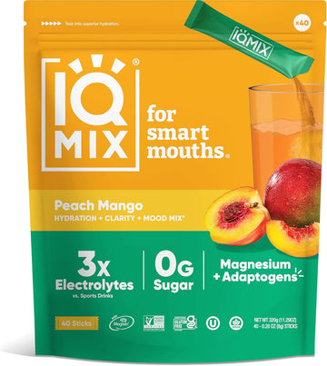 Iqmix Sugar Free Electrolytes Powder Packets - Hydration Supplement Drink Mix With Keto Electrolytes, Lions Mane, Magnesium L-Threonate, And Potassium Citrate - Peach Mango (40 Count)