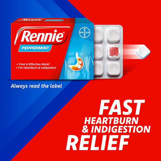 Rennie Peppermint Flavour Antacid, Heartburn And Indigestion Chewable Tablets, 1 Pack Of 96 Tablets - Gets To Work In 60 Seconds For Fast And Effective Heartburn Relief