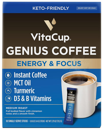 Vitacup Genius Instant Coffee Packets, Increase Energy & Focus, Keto Coffee, Serve Hot Or Cold Brew, Mct Oil, Turmeric, B Vitamins, D3, Bold & Smooth,100% Arabica Coffee In Single Serve Sticks, 10 Ct