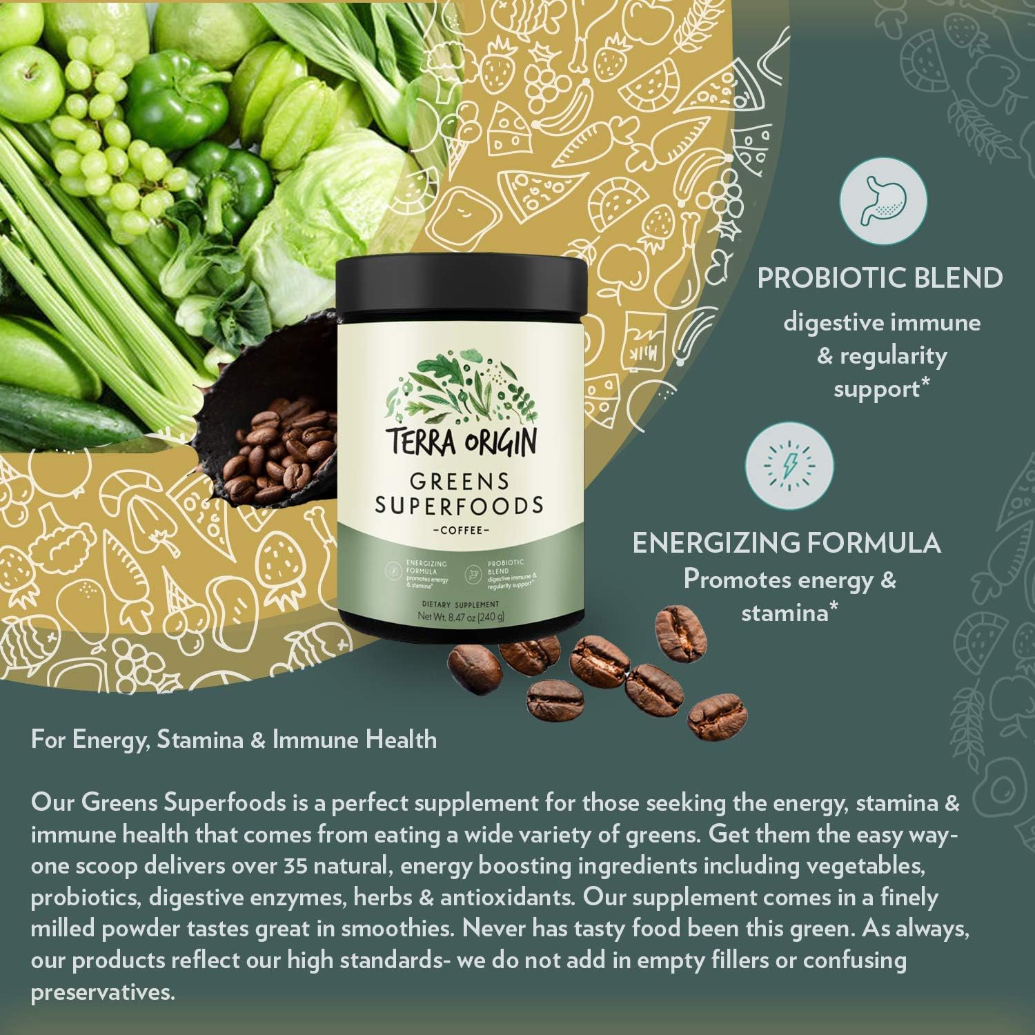 TERRA ORIGIN Greens Powder Immune Defense and Digestive Support | Probiotics, Organic Vegetables, Digestive Enzymes | Non-GMO, Gluten-Free, Dairy Free, Vegan | 30 Servings | Coffee Flavor : Health & Household