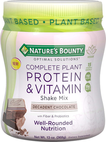 Complete Plant Protein & Vitamin Shake Mix By Nature'S Bounty Optimal Solutions, With Fiber And Probiotics, Plant Based, Decadent Chocolate, 13 Oz