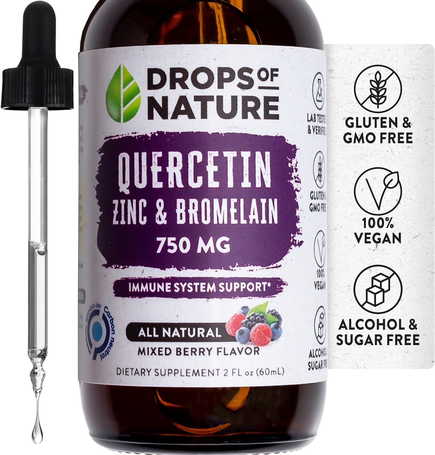 Quercetin with Bromelain & Zinc Liquid Drops - 750mg Immune Support for Adults & Kids | Ultra-Concentrated Bioflavonoids | Immune Defense | Cellular Health | Vegan | Non-GMO | Gluten Free | 2 Fl Oz
