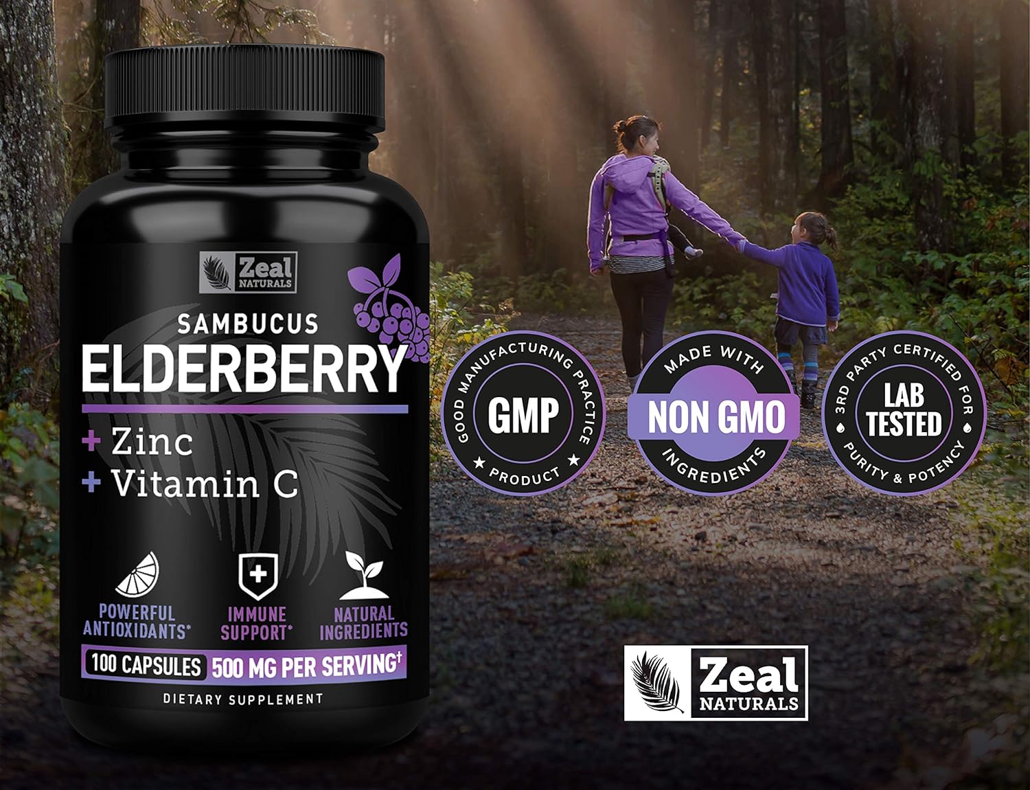 Zeal Naturals Max Strength Elderberry Capsules + Zinc + Vitamin C | 500mg for Immune System Support with Black Sambucus Elderberry | 100 Count | 3-in-1 Immune Support for Adults : Health & Household