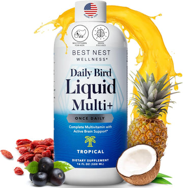 Best Nest Daily Bird Liquid Multivitamins For Kids, Methylfolate, Methylated Vitamins, Whole Food Blend Vitamin, Vegan, Gluten Free, Non-Gmo, Tropical, 16 Oz