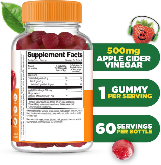 Lifeable Apple Cider Vinegar - For Kids - Acv With The Mother - 500 Mg Gummies - Great Tasting Natural Flavor Vitamin Supplement - Gluten Free Vegetarian Gmo-Free Chewable - For Children - 60 Gummies