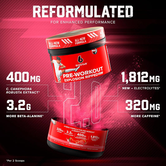 Six Star Pre-Workout Explosion Ripped 2.0 Watermelon - Endurance Powder With Caffeine, Beta-Alanine, Lactic Acid Buffer, Electrolyte Recovery, C. Canephora Robusta For Weight Loss - 30 Servings