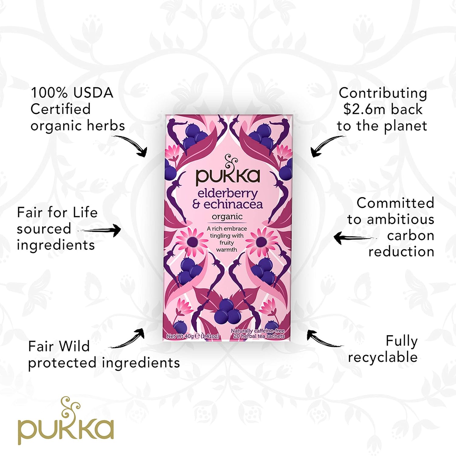 Pukka Organic Herbal Tea Elderberry & Echinacea 20 Tea Bags : Grocery & Gourmet Food