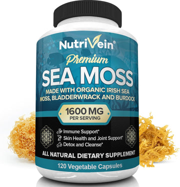 Nutrivein Organic Sea Moss 1600mg Plus Bladderwrack & Burdock - 120 Capsules - Prebiotic Super Food Boosts The Immune System & Digestive Health - Thyroid, Healthy Skin, Keto Detox, Gut, Joint Support