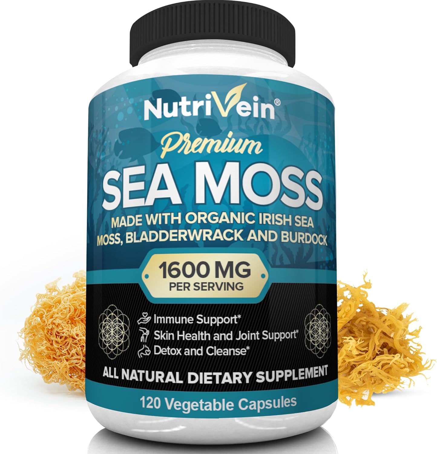 Nutrivein Organic Sea Moss 1600Mg Plus Bladderwrack & Burdock - 120 Capsules - Prebiotic Super Food Boosts The Immune System & Digestive Health - Thyroid, Healthy Skin, Keto Detox, Gut, Joint Support